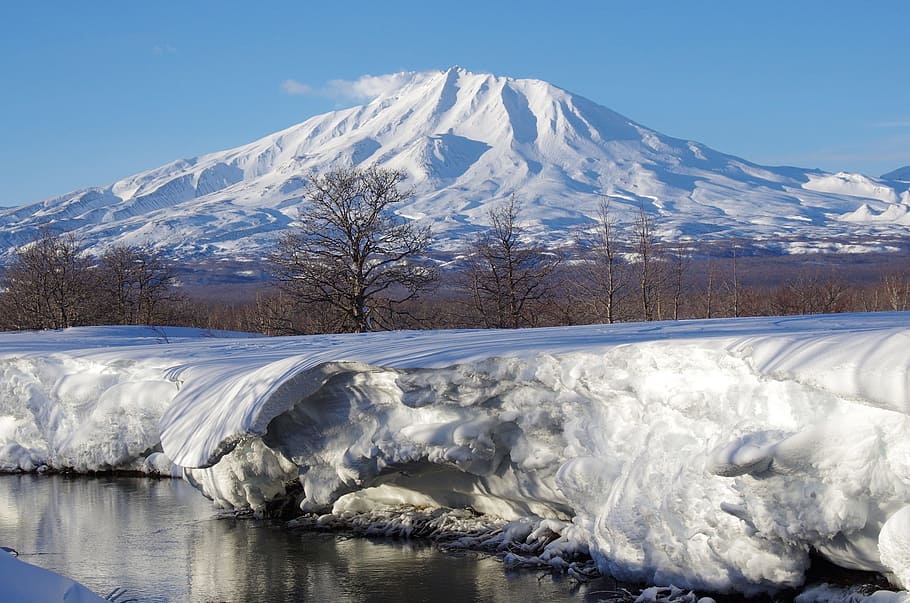 volcano, river, beach, bend, silence, tranquility, reflection HD wallpaper