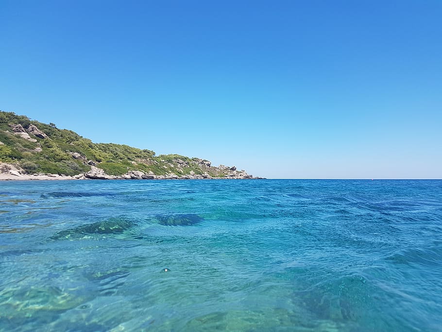wide angle photography of turquoise color water and islet, Water, Blue HD wallpaper