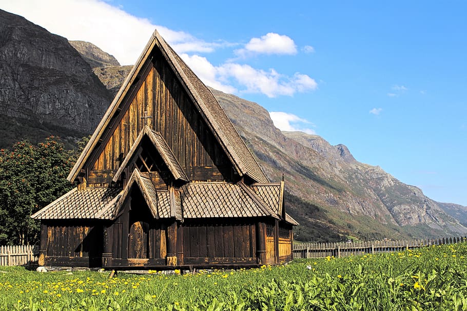 alm, church, stave church, norway, fjord, mountain, woodhouse, HD wallpaper