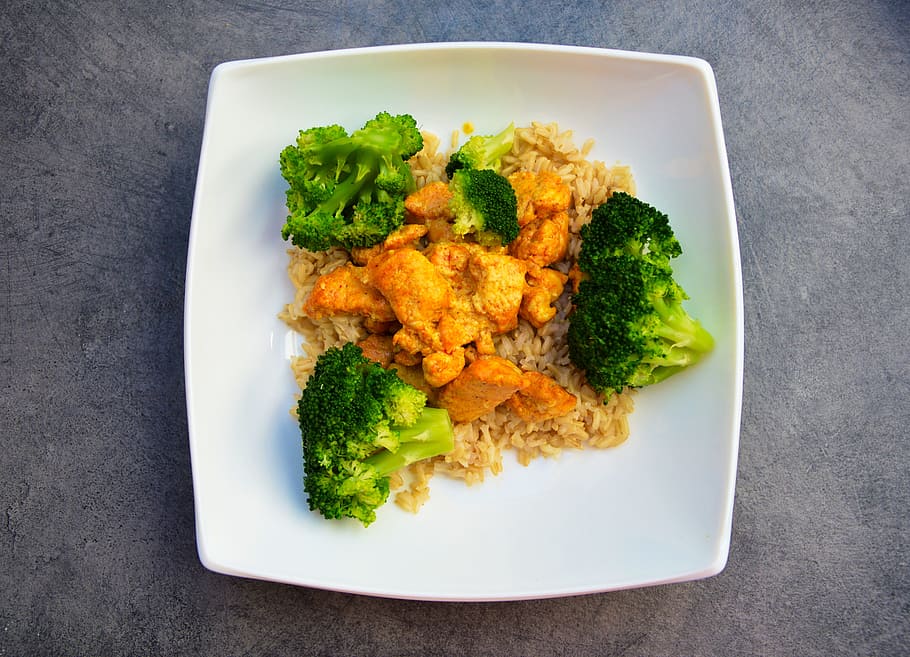 fried meat and rice with broccoli dish on white plate, meal, chicken