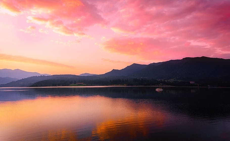 dawn, landscape, mountains, sky, beautiful, boat, clouds, dusk HD wallpaper