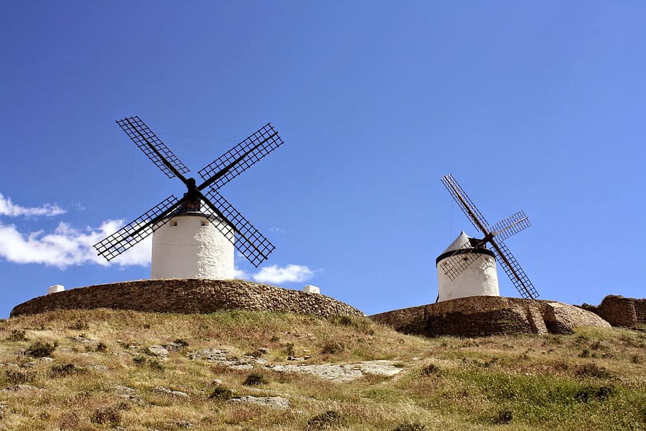spain, windmill, don quixote, la mancha, grain, man of, wind turbine, HD wallpaper