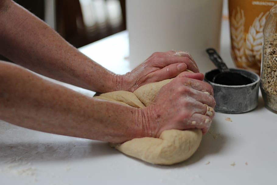 person making bread dough, bake, homemade, cooking, wheat, organic, HD wallpaper