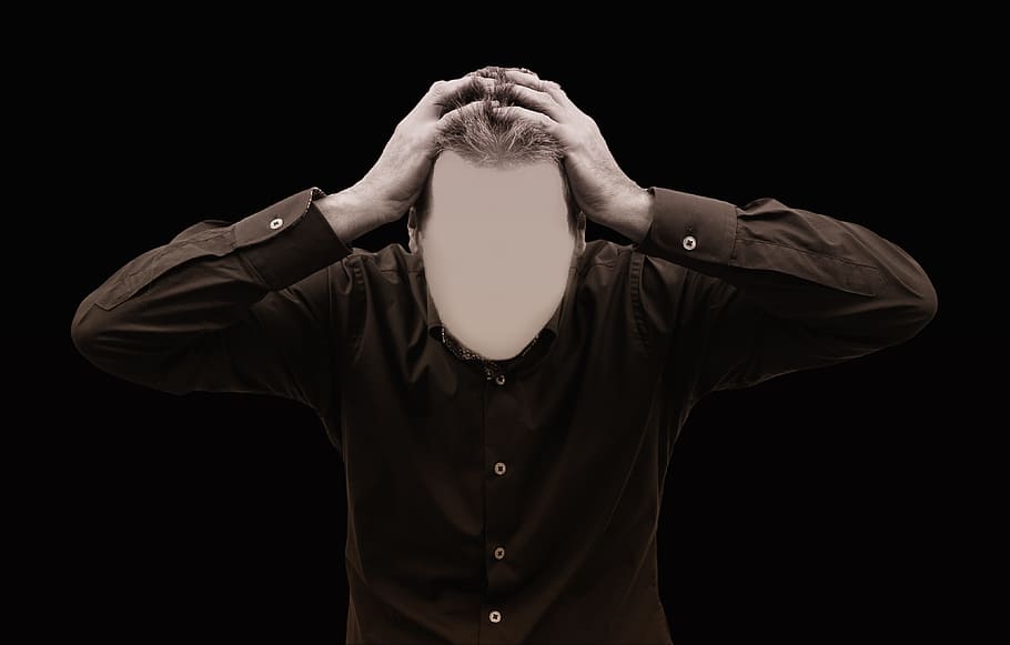 man holding head while standing, stress, burnout, businessman