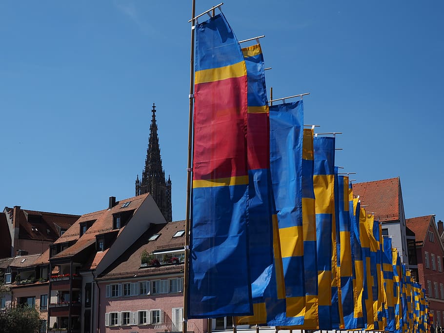 Flags, Blow, Flutter, commemorative event, ulm, blue, city HD wallpaper