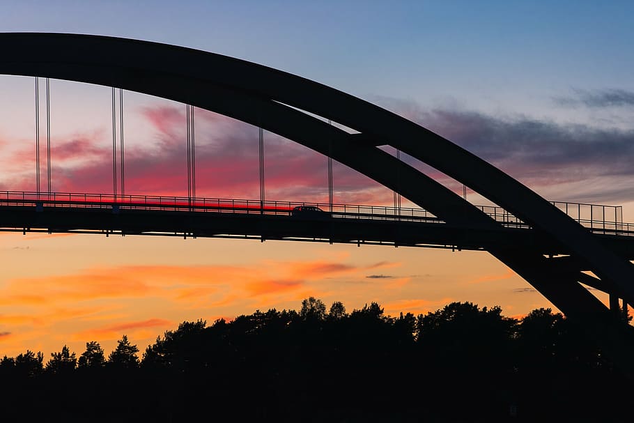 silhouette of car on bridge during sunset, black, architecture HD wallpaper