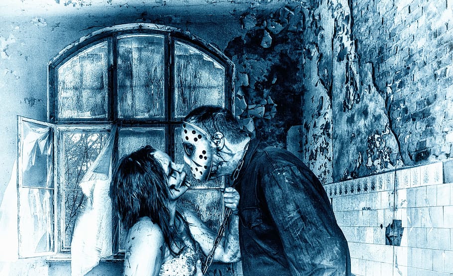 man with mask in front of woman in white shirt painting, beelitz HD wallpaper