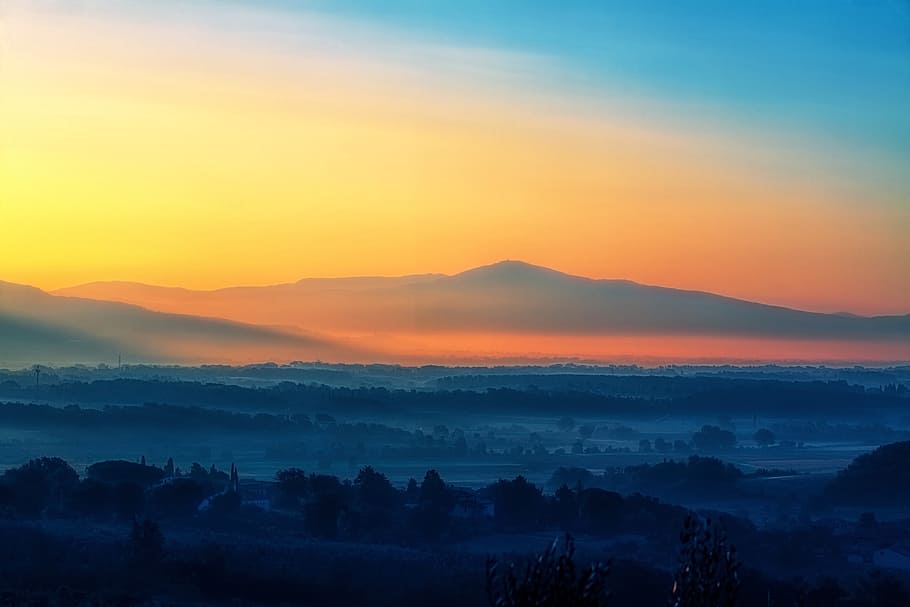 bird's eye view photography of mountain, landscape, sunset HD wallpaper