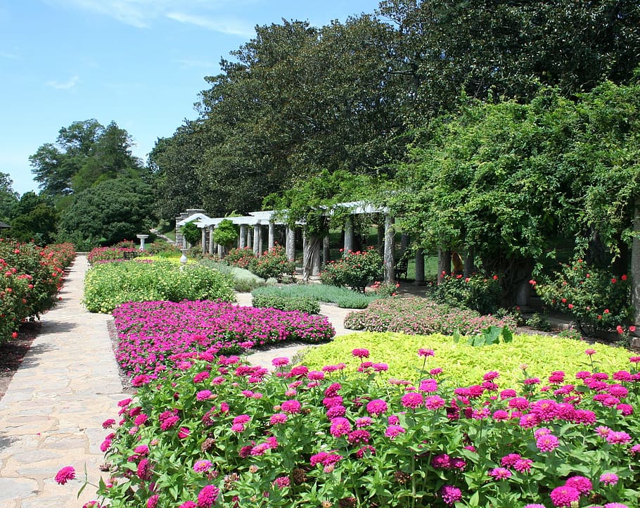 Flower, Beds, Garden Path, Shade, Arbor, flower beds, shade arbor HD wallpaper