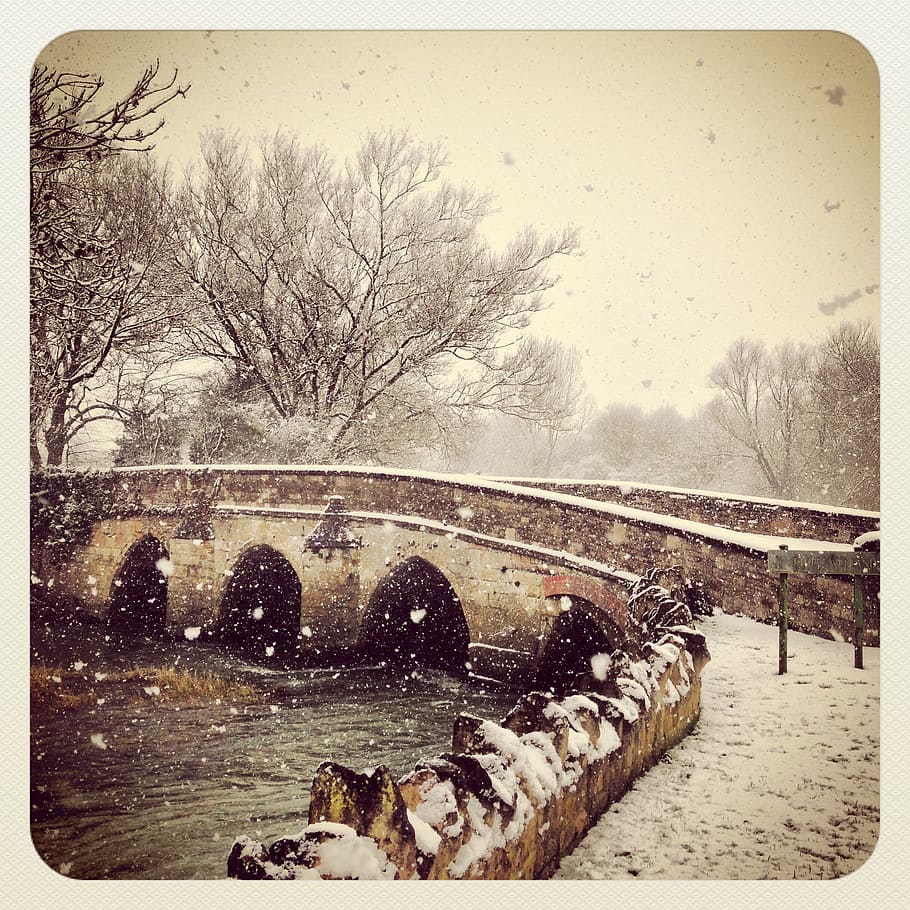 sepia photography of arch bridge with snowfield, water, trees HD wallpaper