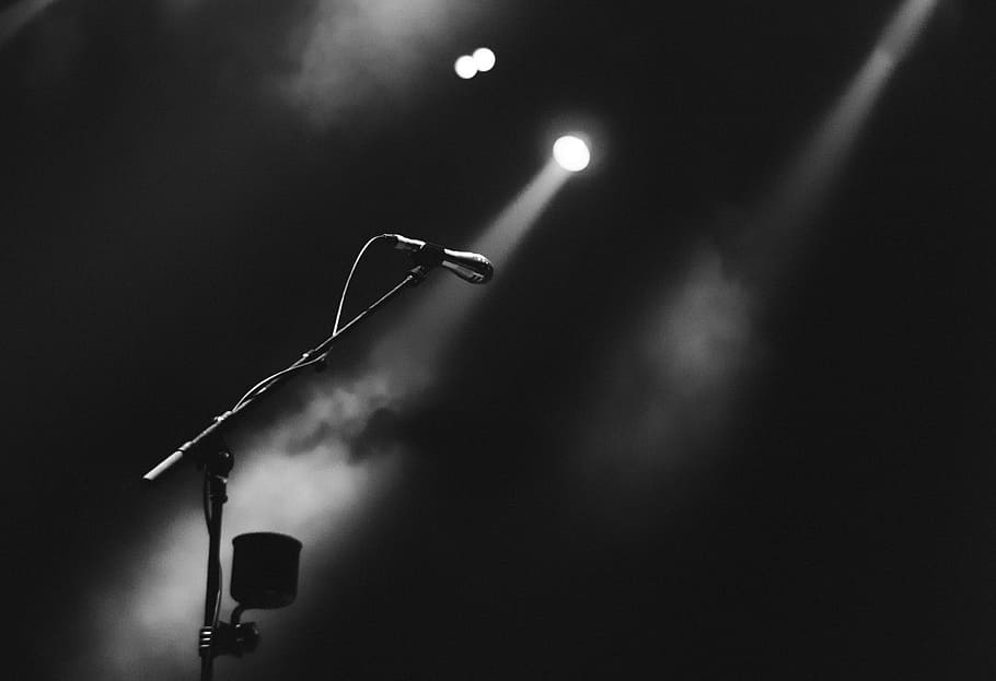 grayscale photo of microphone and stage lights, spotlight, event HD wallpaper