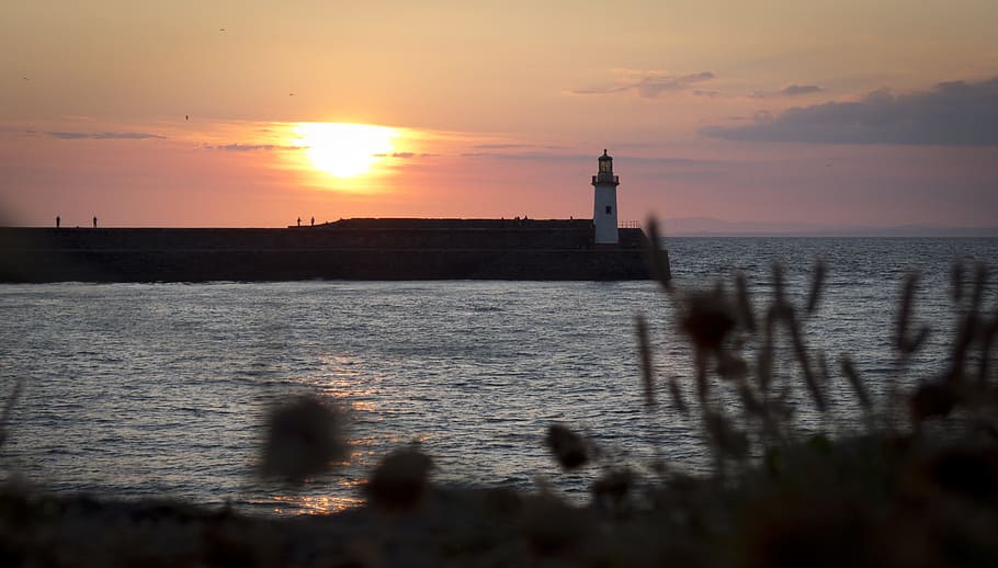 Harbour, Lighthouse, Sunset, Sea, Port, bay, harbor, water HD wallpaper