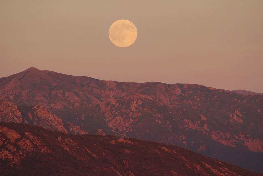 mountains overlooking moon, full moon, planet, landscape, scenics HD wallpaper