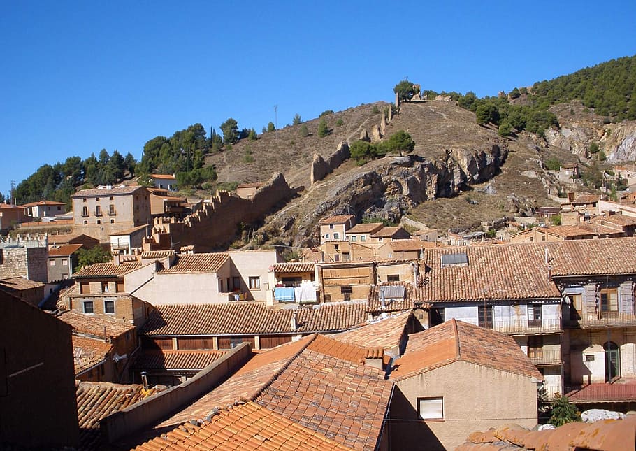 daroca, spain, mountains, trees, houses, homes, buildings, architecture HD wallpaper