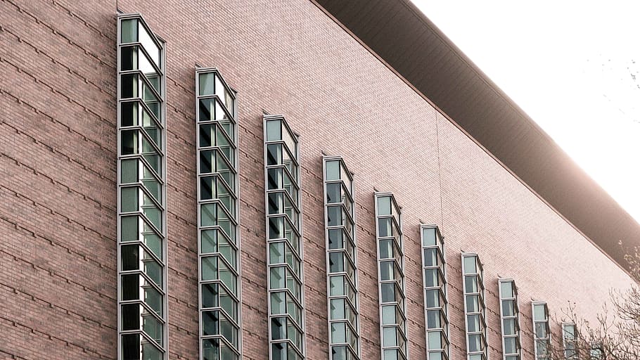gray and black metal framed glass windows, close-up photo of brown buildings HD wallpaper
