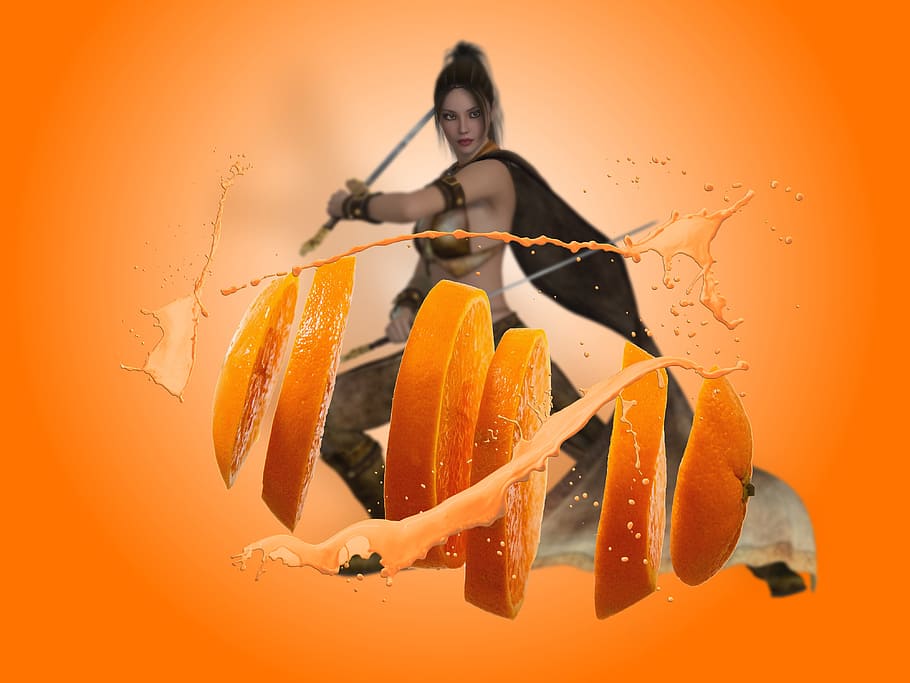 vitamins, sword, woman, fighter, orange, photo montage, composing, HD wallpaper