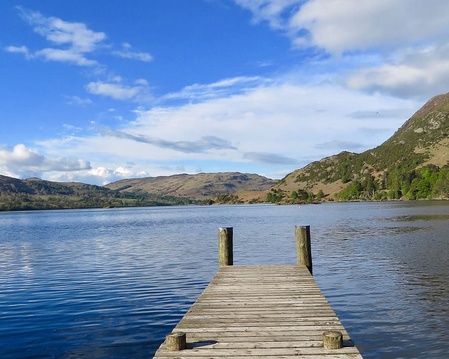 Gray Dock in Lake, clouds, landscape, mountains, outdoors, reflections HD wallpaper