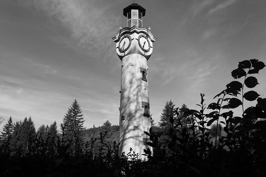 lighthouse, clock, tower, black and white, sky, tree, plant HD wallpaper