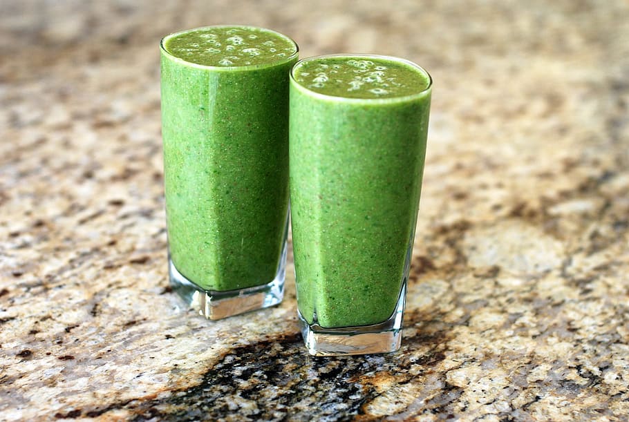 two clear glass cup full of green smoothie, drink, healthy, food