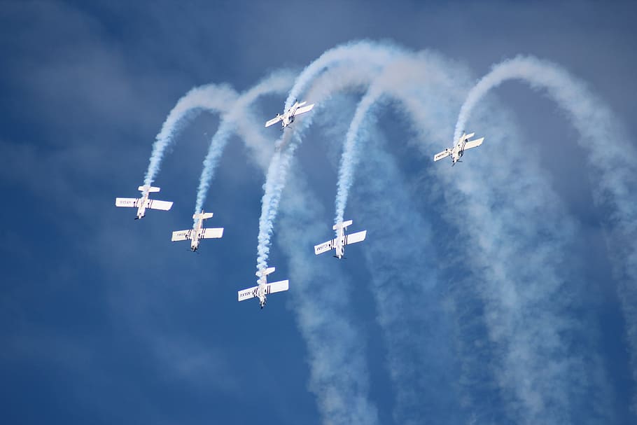 six white planes performing on air, airplane, aviate, fast HD wallpaper