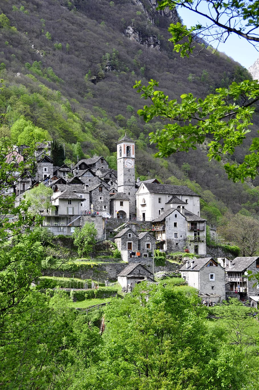 Alpine, Bergdorf, Village, Ticino, church, stone house, switzerland, HD wallpaper