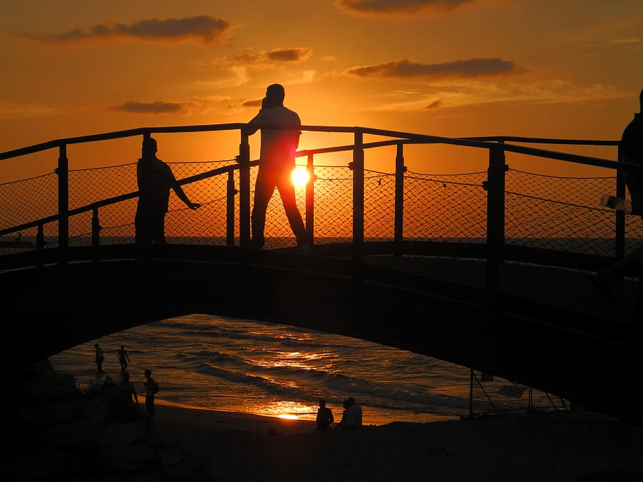 Bridge, Dusk, Sunset, abendstimmung, silhouettes, orange color HD wallpaper