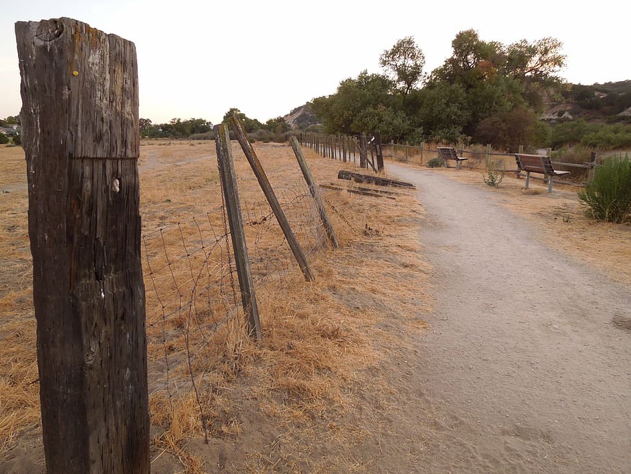 park, path, broken fence, fence post, nature, landscape, grassland HD wallpaper