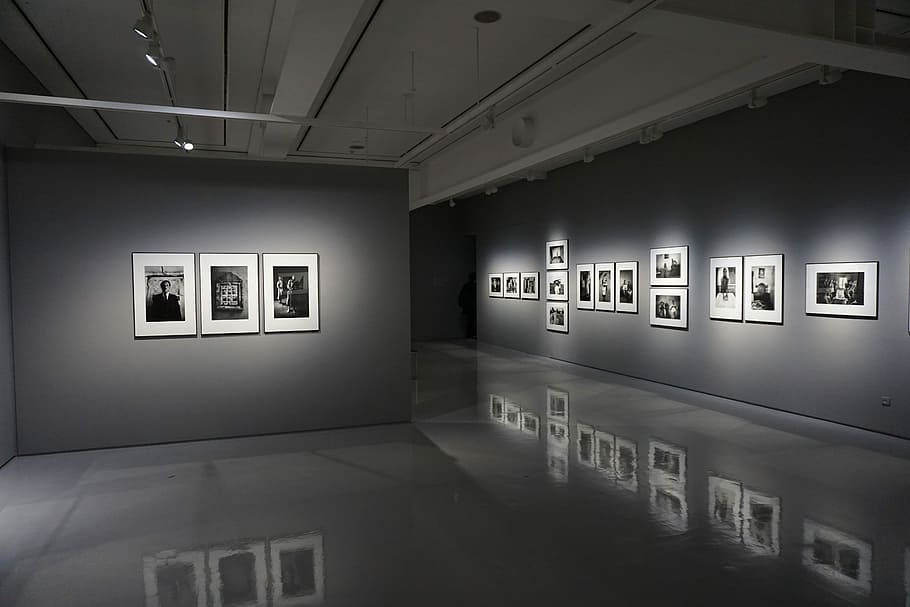 frame, art gallery hall, museum, exhibition, black and white
