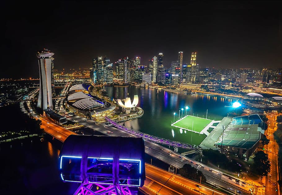 photo of cityscape at night, singapore, singapore flyer, merlion park, HD wallpaper