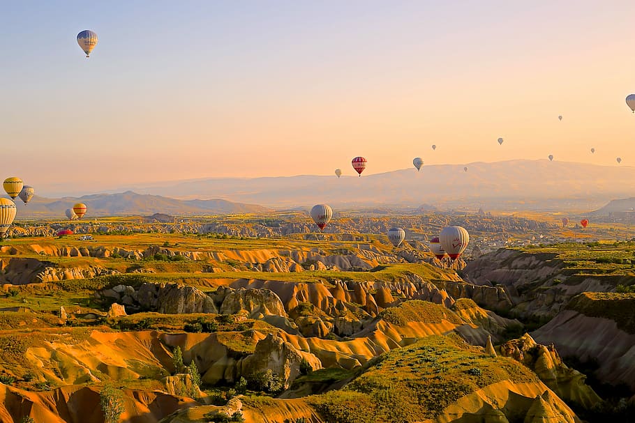 aerial view of hot air balloons on the sky during day time, sunset, HD wallpaper