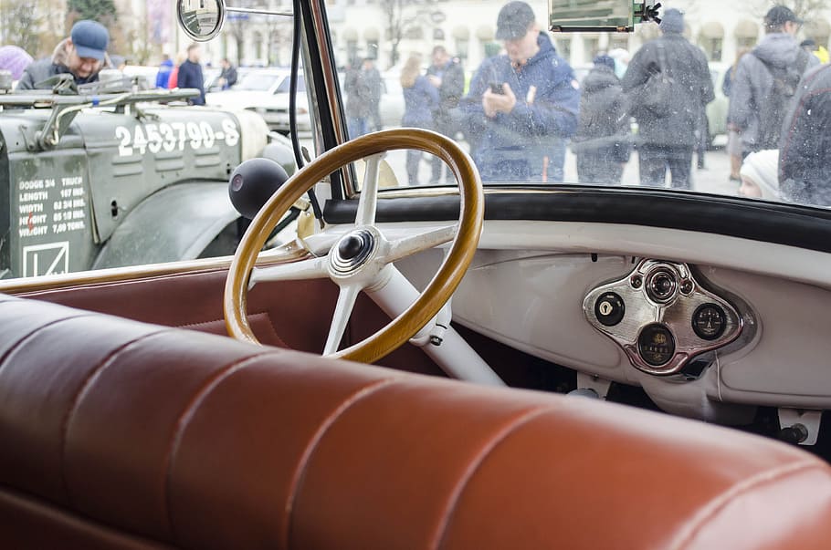 leather, seat, machine, interior, steering wheel, tree, vintage HD wallpaper
