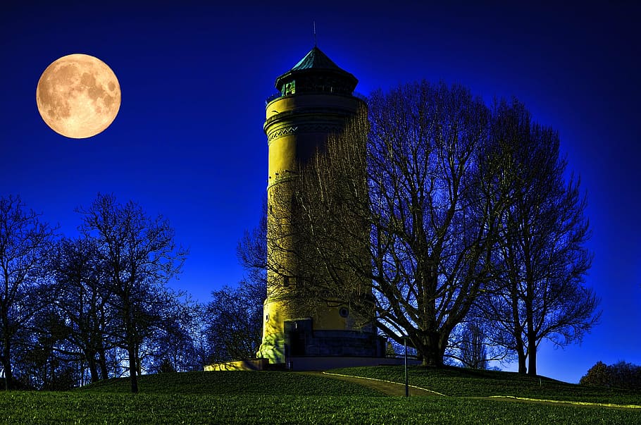 tower under full moon and calm blue sky, night, magic, light HD wallpaper