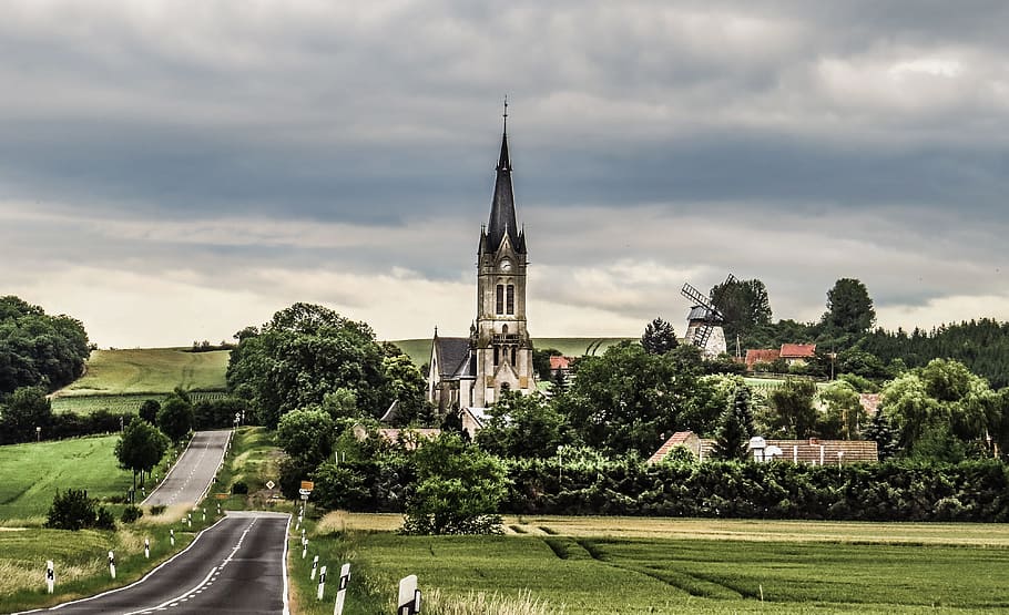 church, windmill, road, old, antique, nostalgia, built structure HD wallpaper