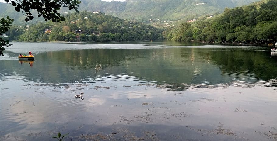 india, lake, boat, duck, hills, nature, water, water sports, HD wallpaper