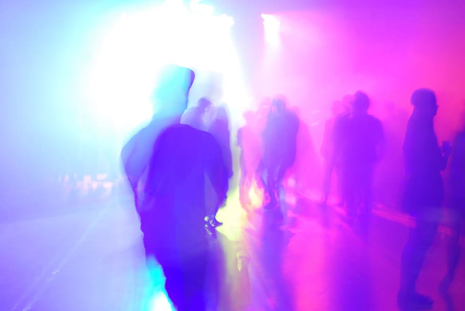 group of people standing on the floor, techno, music, celebration