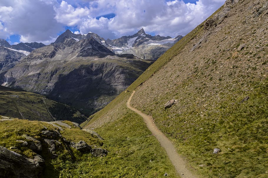 swiss alps, alpine, mountains, path, mountain path, switzerland, HD wallpaper
