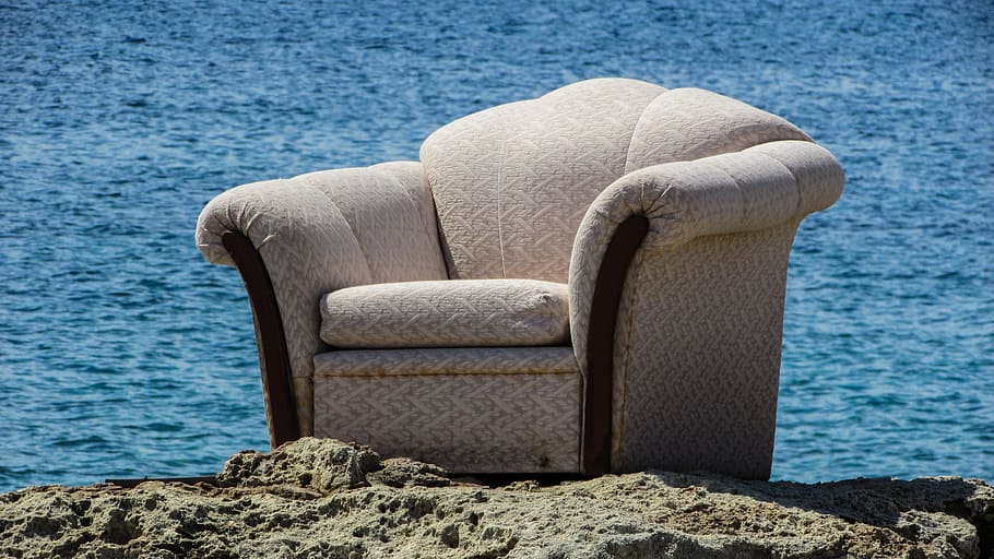 white fabric armchair on rock, beach, funny, strange, surrealistic, HD wallpaper