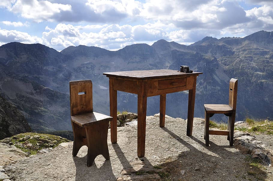 table, mountain, excursion, chairs, mountain range, nature HD wallpaper