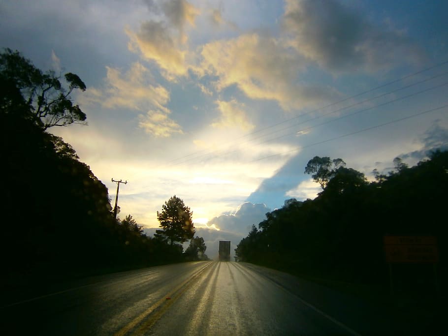 sky, clouds, road, tree, cloud - sky, transportation, plant HD wallpaper