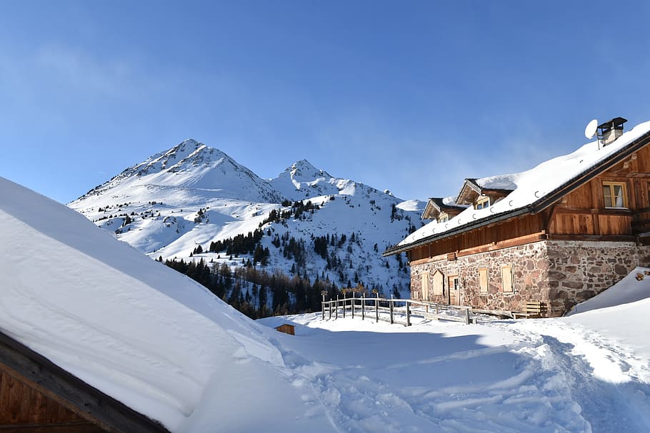 snow at camp near alps, winter, mountain, cold, resort, alm HD wallpaper