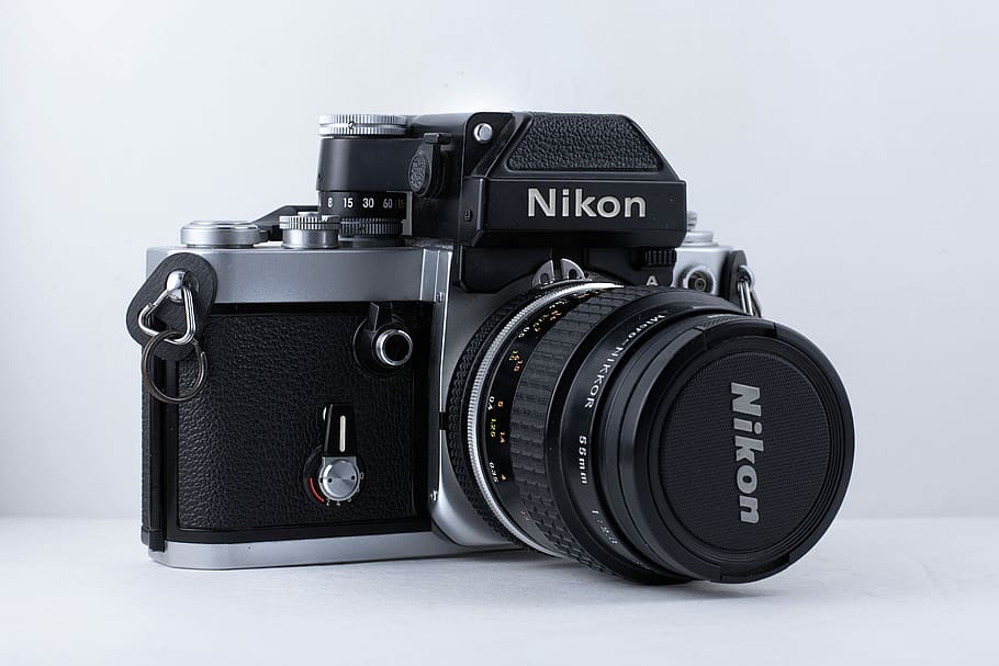 black and gray Nikon DSLR camera, black Nikon MILC camera on white surface, HD wallpaper
