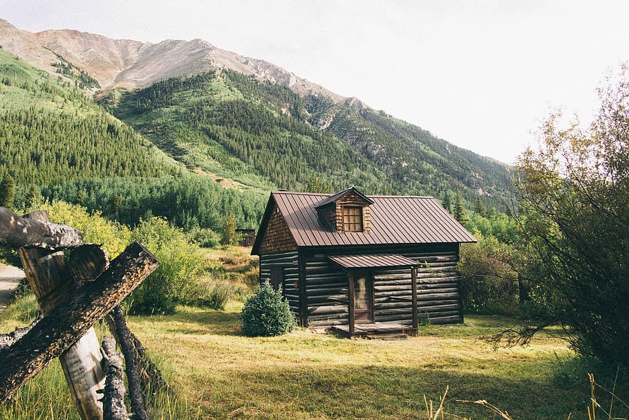 brown wooden house near mountains at daytime, brown wooden log house HD wallpaper