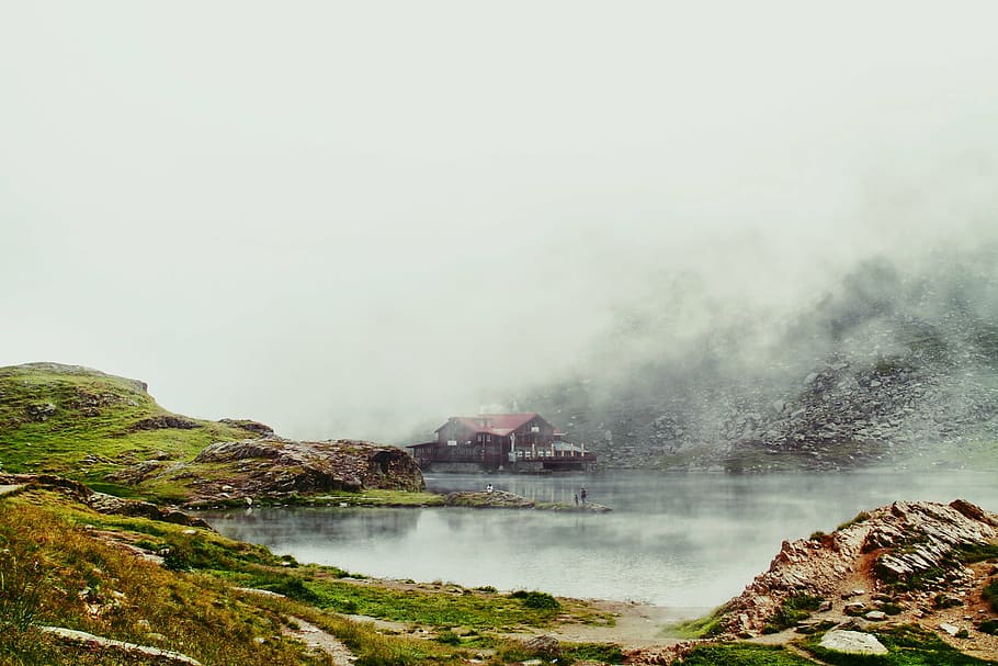 brown house on body of water, nature, landscape, mountain, clouds HD wallpaper