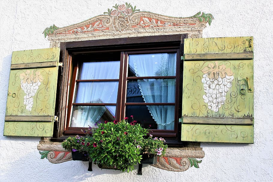 window, shutters, ancient, embellished, painted, antique, bayern HD wallpaper