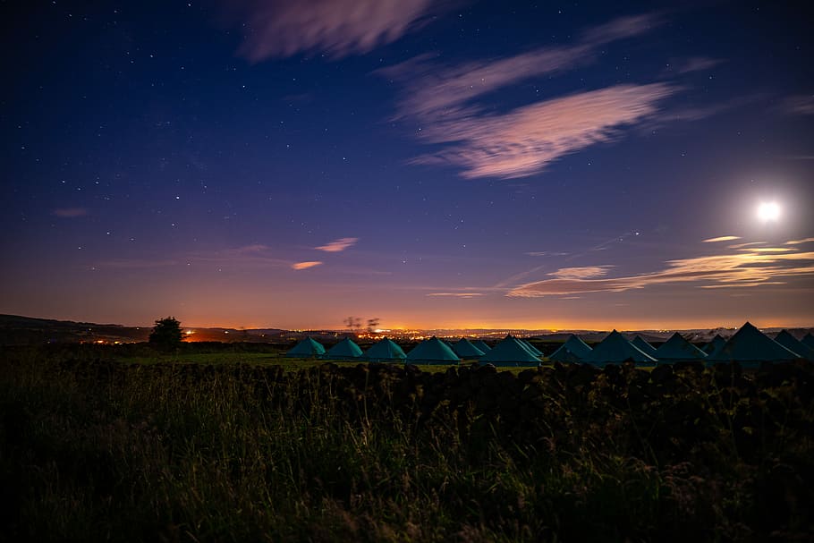 blue tents under white clouds at golden hour, teal tents under moon HD wallpaper