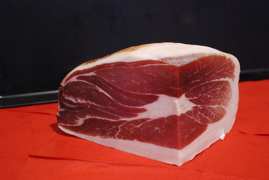 raw meat on red textile, Ham, Butcher, Smoked, Food, butcher's