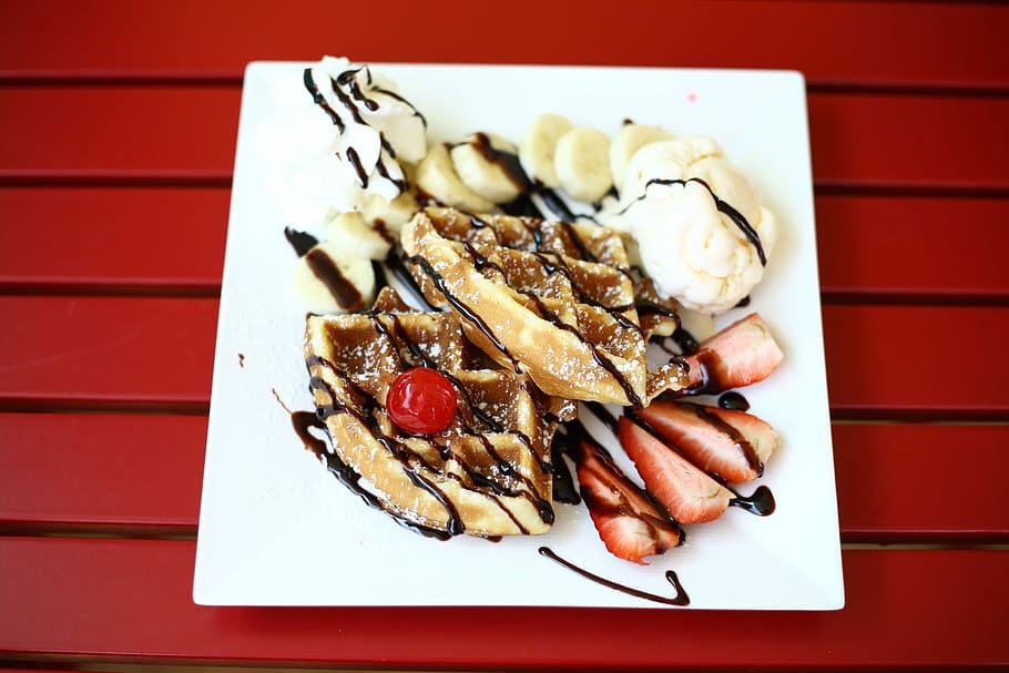 Waffle, Sweets, Foodstuff, gourmet, plate, red, food And Drink HD wallpaper