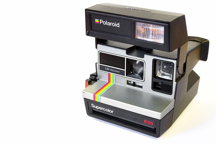 black and gray Polaroid Supercolor 635 camera, analog, hipster
