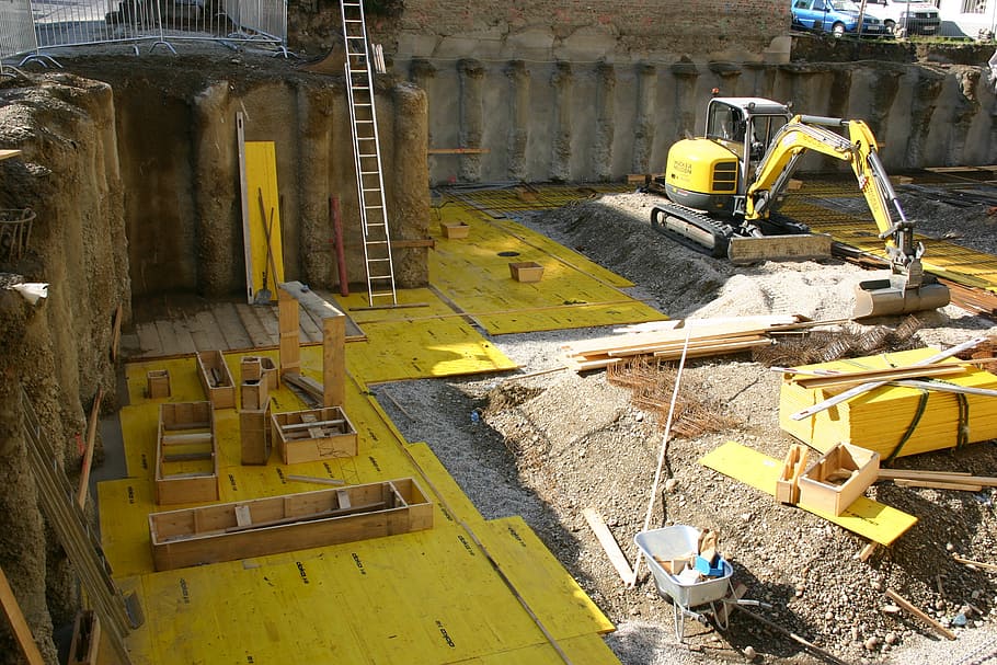 baustellle, formwork, yellow, excavators, build, industry, construction site HD wallpaper