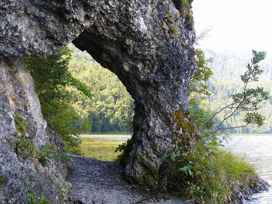 rock formation arch beside body of water during daytime, lake weissensee, HD wallpaper